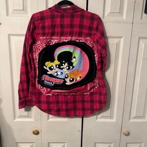 Powerpuff Girls Upcycled Back Graphic T-Shirt & Flannel - Size Women's Large